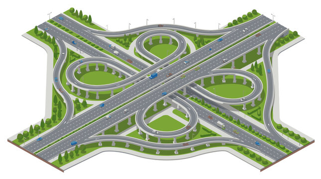 Isometric View of a Complex Cloverleaf Interchange Highway System.