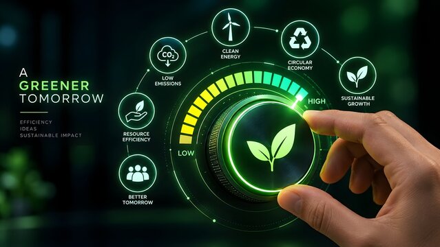 Hand turning a futuristic knob towards a greener tomorrow with sustainable icons on dark background.