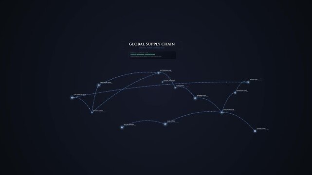 Global supply chain digital twin stress test simulation displaying interactive map with shipping routes predicting and mitigating port strike disruption