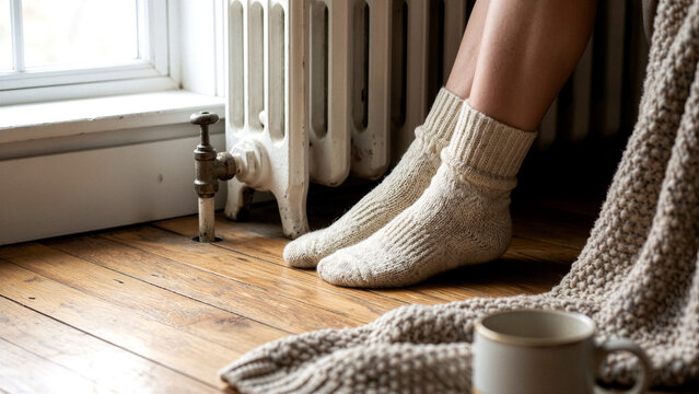 Cozy feet in wool socks by radiator with blanket