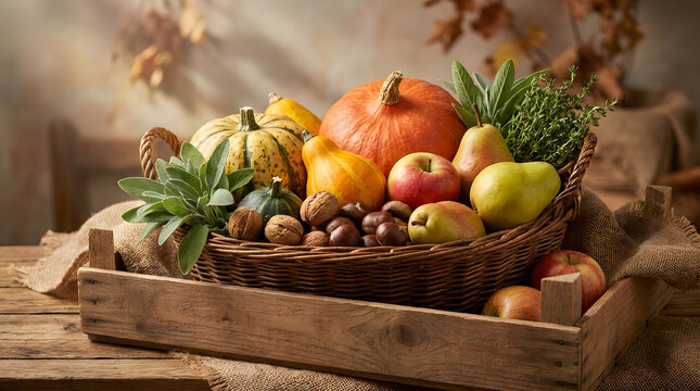 An abundance of autumn harvest produce including pumpkins, squash, fruit, and nuts in a basket on a rustic table.