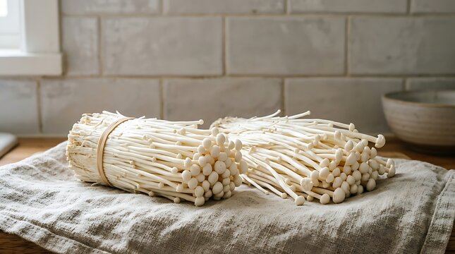 Fresh White Enoki Mushroom Bundles on Linen Cloth in Kitchen