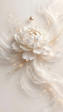 A luxurious minimalist wallpaper featuring a peoni as the focal point, elegantly surrounded by flowing silky white translucent brush strokes that create graceful motion.