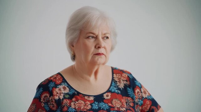 Concerned senior woman turning and showing a serious face expression