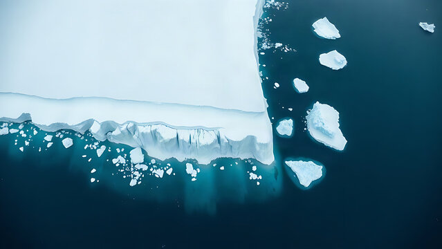 Melting glacier edge with icebergs in cold blue water, climate change and Arctic environment concept