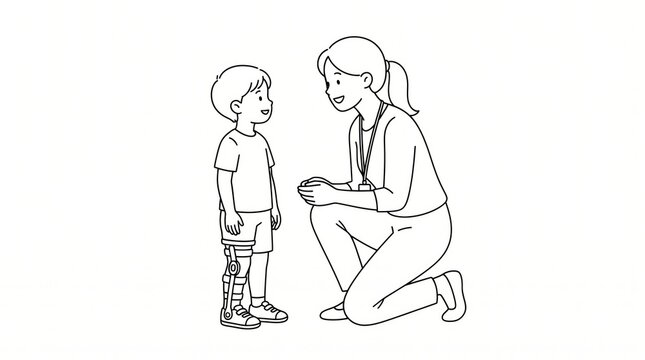 Teacher kneeling to talk with little student in world teachers' day &mdash; line art teachers education