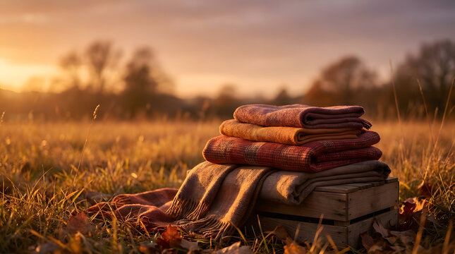 A stack of warm woolen blankets sits on a wooden crate in a golden autumn field during a peaceful sunset.