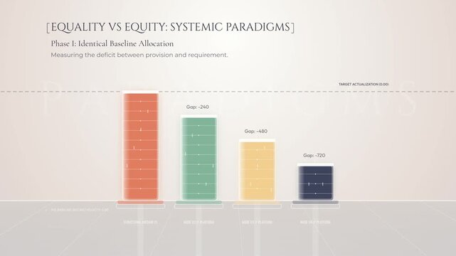 Animation demonstrating the concepts of equality versus equity through systemic paradigms, comparing identical baseline allocation with proportional harmonization using data visualization charts