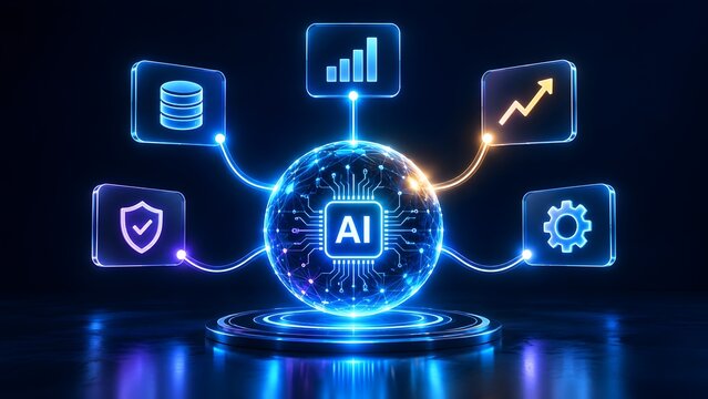 Artificial intelligence global network concept with glowing microchip sphere connecting to data analytics security and settings icons