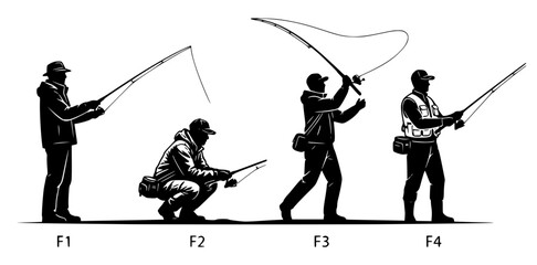 Obraz premium Silhouettes fishing with rods set with simple line art design featuring simple design, minimalist, black and white with illustrations and graphics