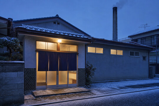 Japanese Neighborhood Sento After the First Light Snow