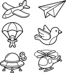 Fototapeta premium Flying Toys Airplane Paper Plane Parachute and Helicopter Outline Vector Icon Set 