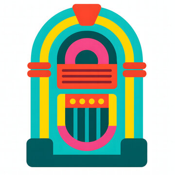Retro colorful jukebox music machine flat vector illustration in teal, pink and yellow