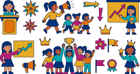 Fototapeta premium Vector illustration set celebrating International Day of the Girl Child with empowered female leaders, students, and achievers