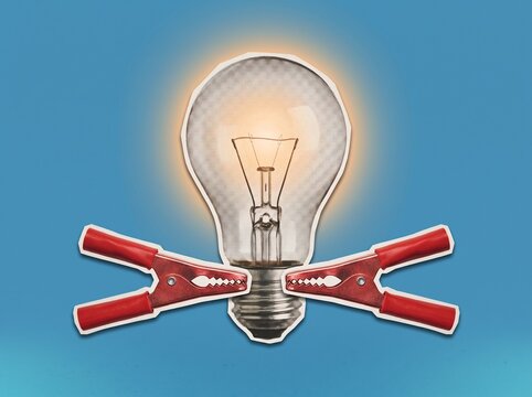 Creative Idea Concept with Glowing Lightbulb and Red Jumper Cables on Blue Background