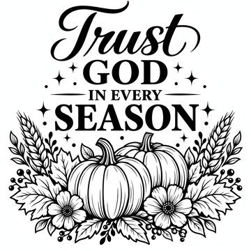 Trust God in Every Season lettering with black and white pumpkins, wheat and flowers line art
