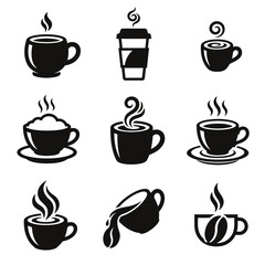 Fototapeta premium Collection of black and white coffee cup icons and hot beverage vector symbols for cafe menu design. vector illustration