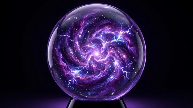 Mystical crystal ball with purple galaxy nebula, glowing magic glass sphere on dark background, spiritual fortune telling orb with cosmic energy