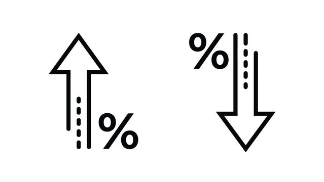 Simple black line icons representing percentage growth and percentage decline on a clean white background surface