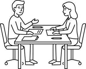 Fototapeta premium Business meeting illustration man and woman discuss at table with documents