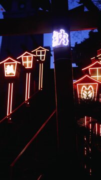 Nakatsukasa Magotaro Inari cyber shrine, Nishi Park, Chuo Ward, Fukuoka City, illuminated staircase with neon lit fox lanterns at night, Kyushu island, Japan, torii gate with cherry blossoms