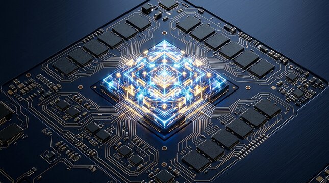 Advanced semiconductor chip showcasing intricate microchip architecture with glowing circuit pathways