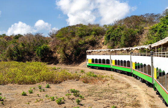 The tourist double decker scenic railway train travels along tracks through the tropical rural landscape of Saint Kitts island in the Caribbean.