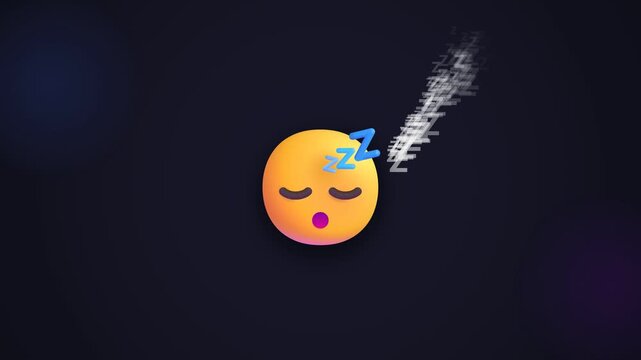 Sleeping emoji character with closed eyes and zzz symbols floating on dark background. 3d rendering animation of sleepy emoticon face showing exhaustion, rest and tiredness for digital communication
