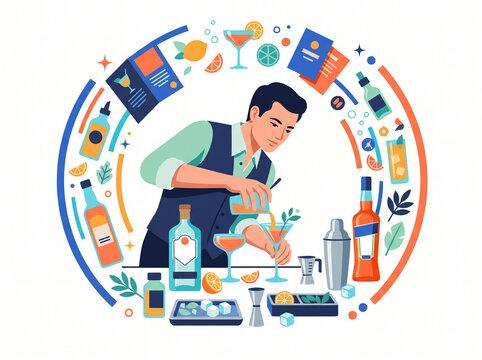 Creative Mixologist Experimenting with Gin and Orange Aperitif Cocktails in Retro Bar Lab