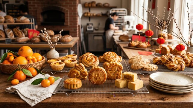 Assortment of traditional pastries and fresh oranges displayed for Chinese New Year in a bakery