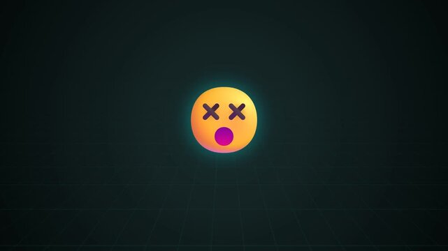 Dead emoji face with crossed out eyes and open mouth floating against a dark grid background inside a minimalist digital rendering space for modern communication concept