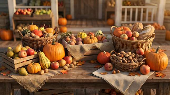 Abundant autumn harvest with pumpkins, apples, nuts, and bread on a rustic wooden table during golden hour.