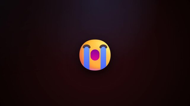 Crying emoji symbol expressing sadness and grief with streaming blue tears on a dark gradient background