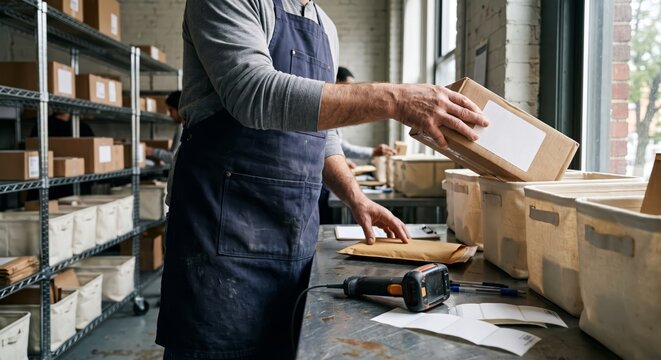 Worker sorting packages in industrial warehouse setting