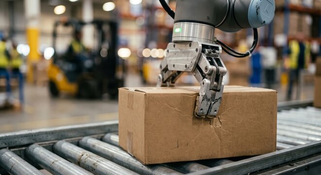 Robot arm handling cardboard box in modern industrial warehouse