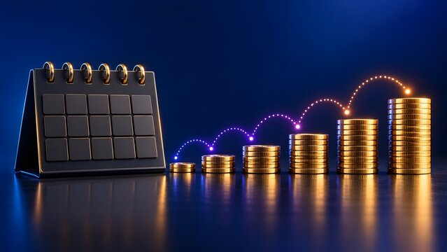 Desk calendar next to increasing stacks of gold coins with upward glowing trajectory line showing scheduled financial growth and investment returns