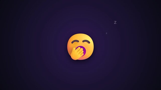 Yawning emoji character with sleepy expression and hand over mouth floating against a dark background in a minimalist three dimensional style animation loop graphic design element