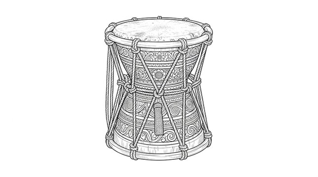 
Ornamental traditional drum line art, hand decorated dholak drum with tribal floral engravings and rope lacing illustration isolated on white background