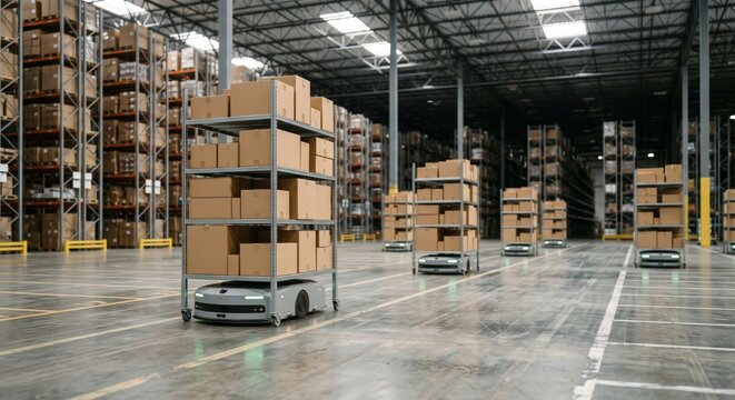 Automated robots transporting boxes in a large warehouse facility