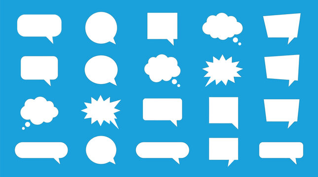 White speech bubbles featuring diverse geometric shapes and comic styles arranged on bright blue background surfaces