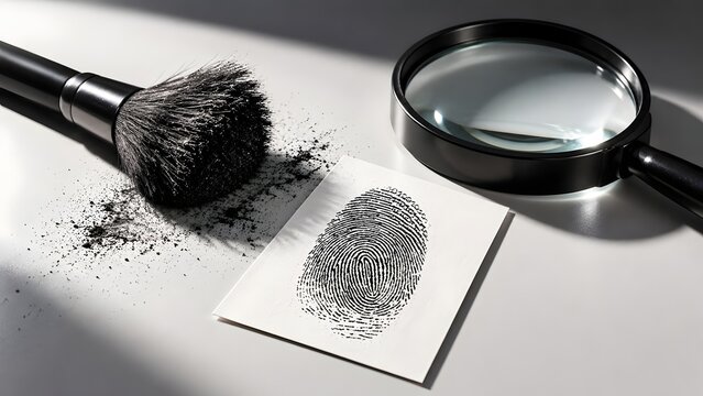 Forensic dusting brush and magnifying glass inspecting black fingerprint on white card