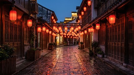 Fototapeta premium Beautiful traditional ancient street in China decorated with red glowing lanterns for Chinese New Year celebration at night