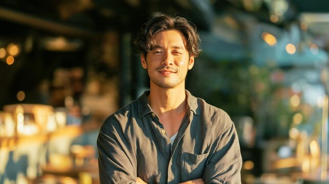 A Japanese man in his 30s, arms crossed, winking with a confident expression