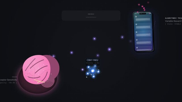 Educational animation of dopamine cycle driven by algorithmic triggers and variable reward schedules on social media causing receptor downregulation and addiction