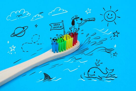 A wooden toothbrush with rainbow colored bristles is drawn as a sailing ship among doodled waves, a whale and a shark, with a captain character steering through an imaginative sea.