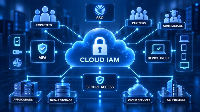 Cloud IAM network diagram connecting employees partners and devices to secure applications and storage
