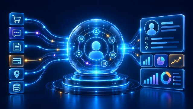 Comprehensive customer data platform concept aggregating user behavior and transactions into centralized profile analytics and business intelligence dashboards