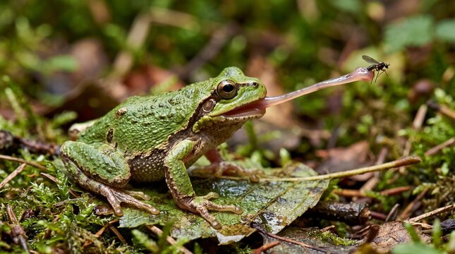 Green Tree Frog Catching a Fly with its Tongue in the Forest