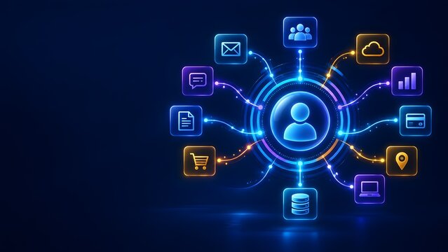 Customer data platform concept with central user icon connecting to various digital touchpoints and information sources.