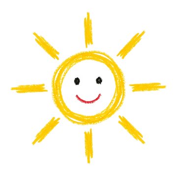 A handdrawn cartoon sun with a happy smiling face on a white background